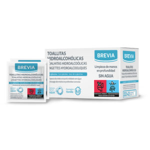 Lingettes Humides Hydralcooliques pour le nettoyage des mains sans eau Brevia  22+2 unités