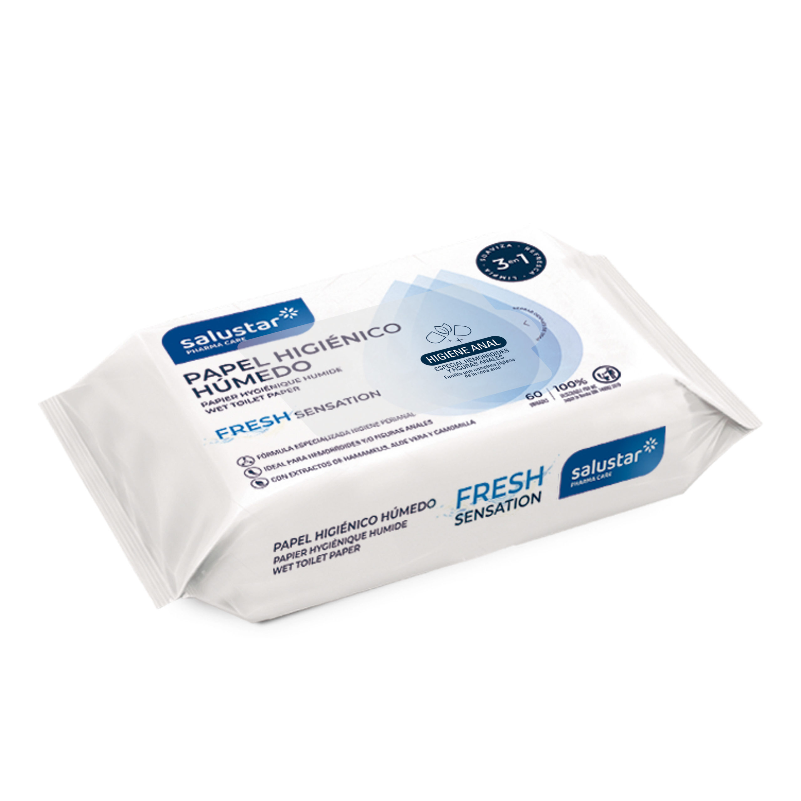 Papier higyénique humide spécial Hémorroïdes et fissures anales Salustar 60 unités – Image 2